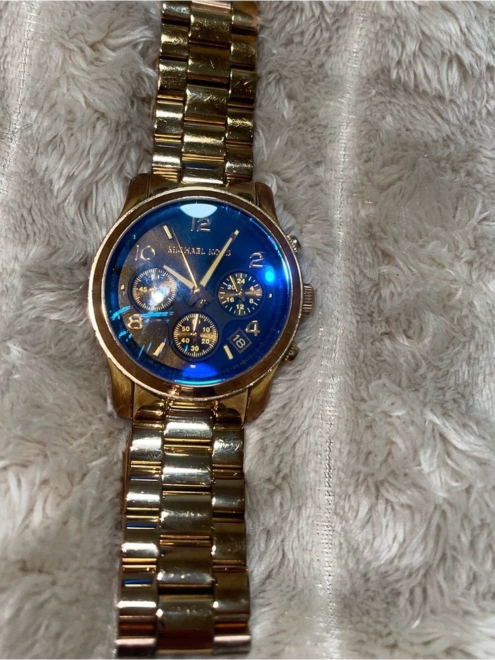 Michael Kors Gold-Tone Watch with Blue Dial and Chronographs